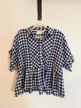Maeve by Anthropology Oversized Blue Gingham Blouse